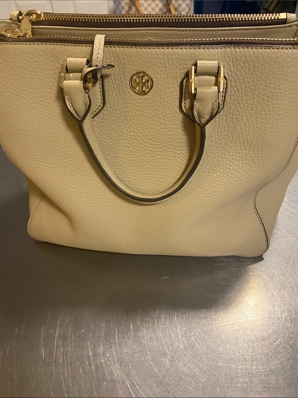 Tory Burch Cream/Taupe Pebbled Leather Double-Zip Satchel with Gold Hardware